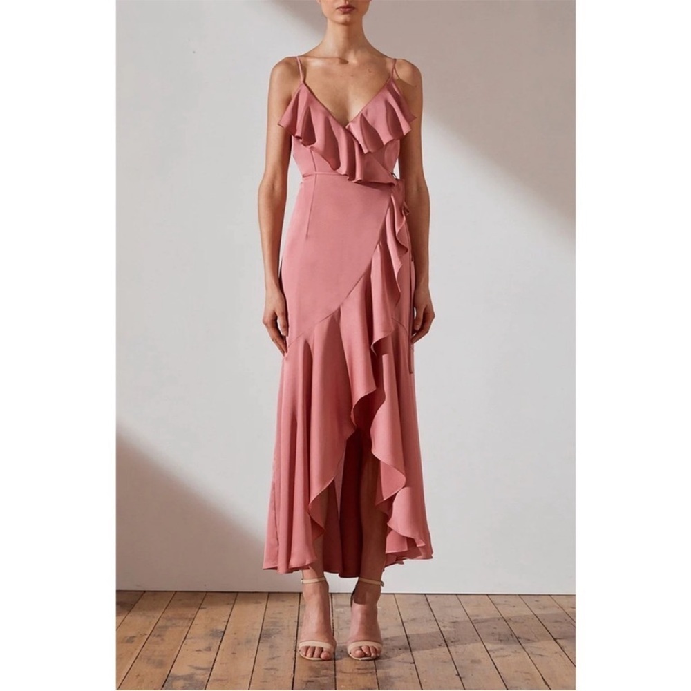 Shona Joy Luxe Bias Frill Wrap Midi Dress Pink Satin Size 4